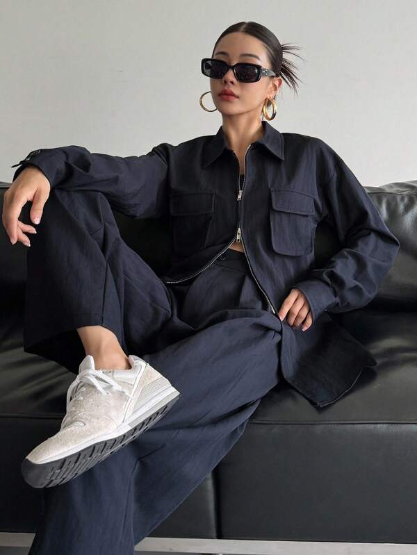 DAZY Vintage Casual Denim Jacket & Wide Leg Distressed Jeans 2 Pieces Set Lounge Sets For Women