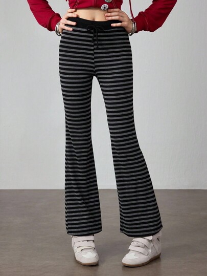 J-Fashion Women's Striped Drawstring Waist Casual Wide Leg Pants