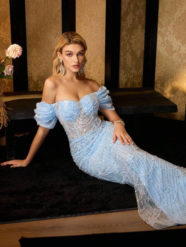 MOTF Soiréza ELEGANT STRAPS SHORT SLEEVE FAUX PEARL AND SEQUINS MERMAID HEM MAXI EVENING PARTY GOWN WITH BACK TIE DETAILING FOR WEDDINGS & SUMMER FORMAL EVENTS