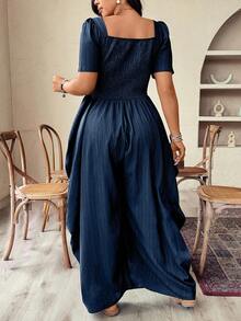 Weeklong Plus Size Women's Holiday Vacation Style Woven Loose Boat Neck Short Sleeve Jumpsuit - Navy Blue - View 2