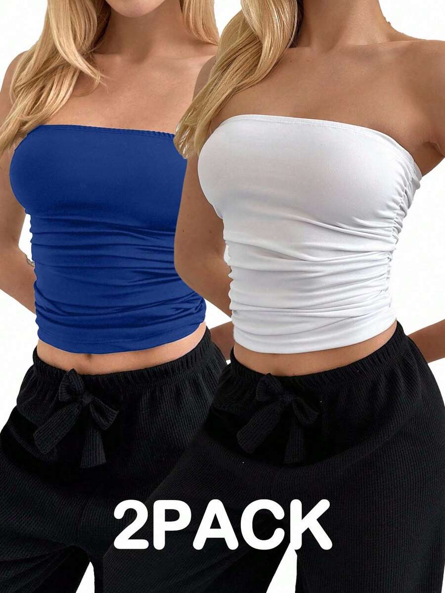 EURMUSE Set de 2 piezas de top corto sin mangas con pliegues de unicolor para mujer - Multicolor - Ver 1