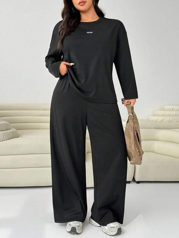 SHEIN EZwear Plus Size Loose T-Shirt + Loose Pants 2 Pieces Set