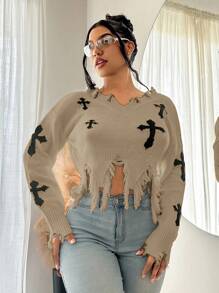 SHEIN SXY Autumn And Winter Tattered Wasteland Style Top White Cross Pattern Distressed Off-Shoulder Sweater Fall Clothes Women