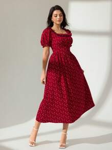 Modelyn 女士方领荷叶边腰短款泡泡袖波点中长连衣裙，酒红色 - 酒紅色 - 查看 9