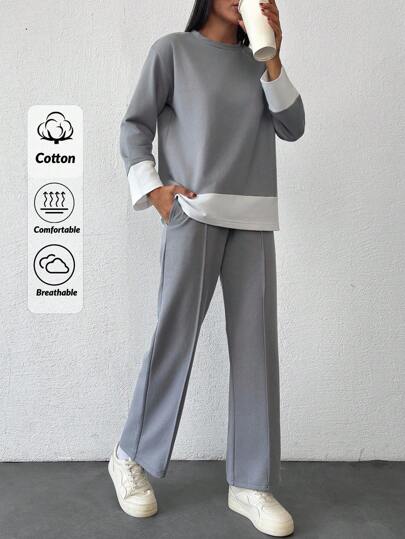 EURMUSE Petite Size Casual Crew Neck Sweatshirt With Hem Detailed, Comfort Fit Jogger 2 Pieces Outfit Co Ords Sets Women Comfy Set