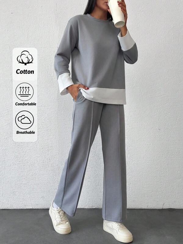 EURMUSE Conjunto de 2 piezas de sudadera casual de cuello redondo de talla alta con detalle en el bajo y pantalón jogger de ajuste cómodo