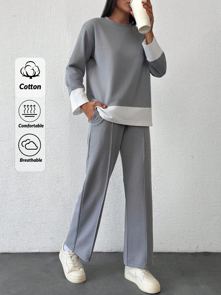 EURMUSE Bộ đồ thể thao 2 món thoải mái, áo nỉ cổ tròn thường ngày cỡ nhỏ có viền chi tiết, vừa vặn thoải mái - Xám - Xem 1