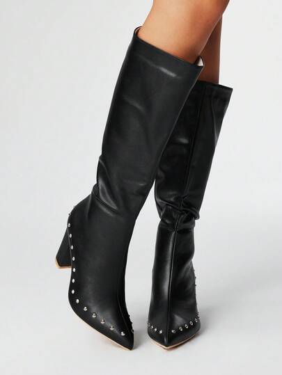 Grunge Punk Women's High Heel Boots, Versatile Elegant Pointed Toe Fashion PU Thick Heel Boots, Autumn/Winter