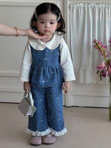 DAZY 2pcs Baby Girls' Casual Butterfly Print Denim Set, Crew Neck Fall/Winter Toddler Girls Clothes - Blue - View 9