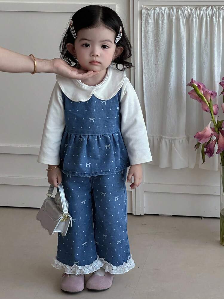 2pcs Baby Girls' Casual Butterfly Print Denim Set, Crew Neck Fall/Winter Toddler Girls Clothes