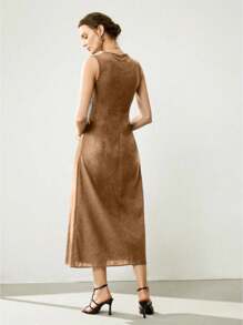 Uhlyne Váy suông vải lanh dệt không tay thanh lịch cổ chữ V, sọc hai túi màu trơn ôm vừa vặn dành cho nữ - Cà phê - Xem 2