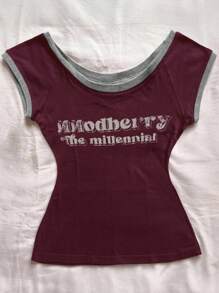 女士字母印花圆领简约T恤 - 中紫紅色 - 查看 1