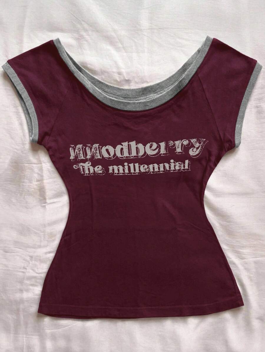 女士字母印花圆领简约T恤 - 中紫紅色 - 查看 1