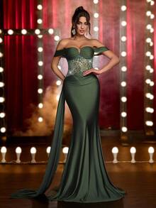 Glamrae 优雅、浪漫、端庄、奢华、绿色、亮片拼布、针织弹力面料、鱼尾下摆、拖尾、时尚、节日、度假、生日派对、婚礼活动、正式晚礼服（豪华版） - 橄欖綠 - 查看 6