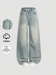 SHEIN Sparklyn Jeans anchos de pierna recta con diseño de pespunte de contraste amarillo y lavado azul, de ajuste holgado, para niñas. Adecuados para salidas casuales y uso al aire libre en primavera, otoño e invierno