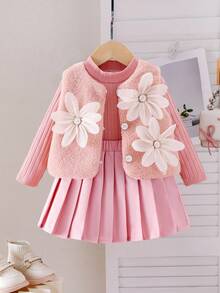 3pcs Baby Girls Pink Fluffy 3D Flower Vest Jacket, Knitted Collar Long Sleeve Top, Pleated Skirt Outfit Set, Fashionable & Cute, Autumn/Winter Girls Pink Skirt Set Baby Girl Skirt Outfit Pink Outfit For Girls Girl Outfits Set Toddler Girl Outfits Pink Skirt Set With White Flower Jacket Princess Dress Toddler Girl Uniform Skirt Outfit With Jacket Baby Girl Fall  Princess  Halloween/Christmas Party Sets For  Vacation  Autumn And Winter