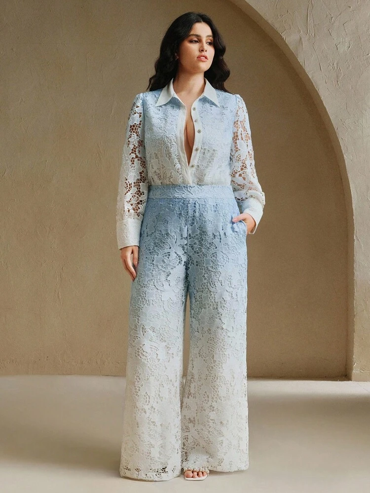 Anewsta Shirt Collar Rhinestone Button Long Sleeve Gradient Color Lace Placement Print Elegant Loose Wide Leg Pants Plus Size Women Set