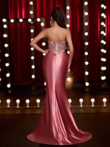 Glamrae 优雅奢华刺绣蕾丝拼布弹力缎面连衣裙，适合婚礼、派对、度假、舞会、晚礼服（重刺绣） - 藕粉色 - 查看 3