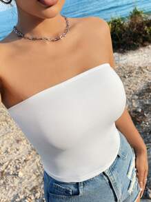 SHEIN EZwear 女士休闲纯色短款吊带背心，修身夏装 - 白色 - 查看 7