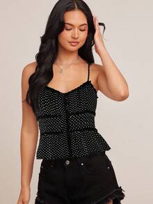 WESTFADE 波点蕾丝V领纽扣吊带褶皱荷叶边无袖上衣，波西米亚风、乡村风、西部风女装，适合秋季、冬季穿着，休闲可爱吊带衫 - 黑色 - 查看 4