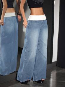 SHEIN Unity Damen Kontrast-Farbe Super Tief Taillierte Weite Jeans - Helle Waschung - Übersicht 6