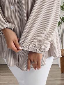 EMERY ROSE 大码冬季女式休闲条纹灯笼袖衬衫，秋季度假女装/女士秋季度假装 - 棕色 - 查看 6