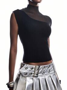 LYSMO 女士纯色罗纹立领短袖修身时尚上衣，适合外出、返校、毕业典礼、街头风、朋克风、Y2K风和斯德哥尔摩风派对穿着，2025新款极简主义秋季款 - 黑色 - 查看 5