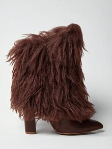 SHUZIA Fashionable Women's Chocolate Faux Fur Fuzzy Pu Chunky Heel Pointed Toe Bootie Slip-On Comfort Fall Winter Holiday Shoe - Chocolate Brown - View 5