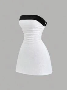 Sweetra Women's New Sexy Sweet Cute Fashion Versatile Black & White Contrast Bowknot Bandeau Sleeveless Mini Dress