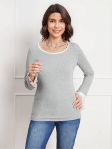SHEIN LUNE Spring Solid V Neck Drop Shoulder Waffle Knit Tee - Grey - View 5