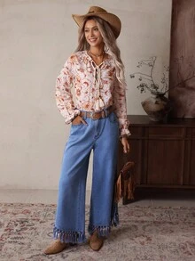 SHEIN LUNE Women's Casual Fringe Hem Wide Leg Cowboy Jeans - Blue - View 5