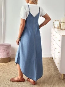 EMERY ROSE Women's Summer Casual Dual Pocket Arc Hem Strap Denim Dresswestern Wear Women/Old Money Style/Bohemian - Blue - View 2