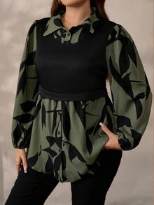 EMERY ROSE 大码女式黑色针织拼布花卉印花休闲套头衫，秋冬 - 軍綠色 - 查看 4