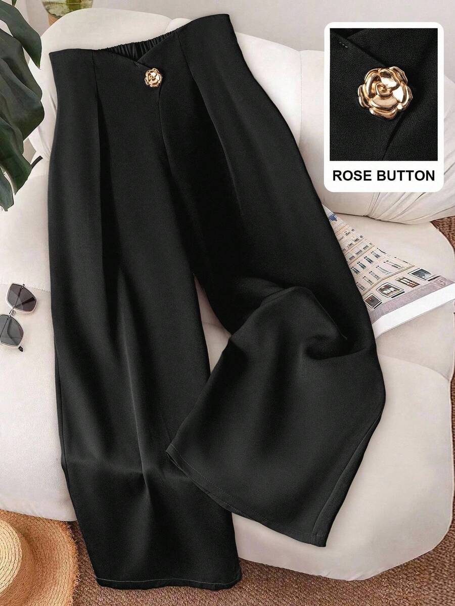 GlowEve CURVE Completo elegante da donna taglie forti con motivo floreale 3D, blazer con bottoni decorativi alla moda e pantaloni adatti per l'ufficio - nero - Visualizzare 1