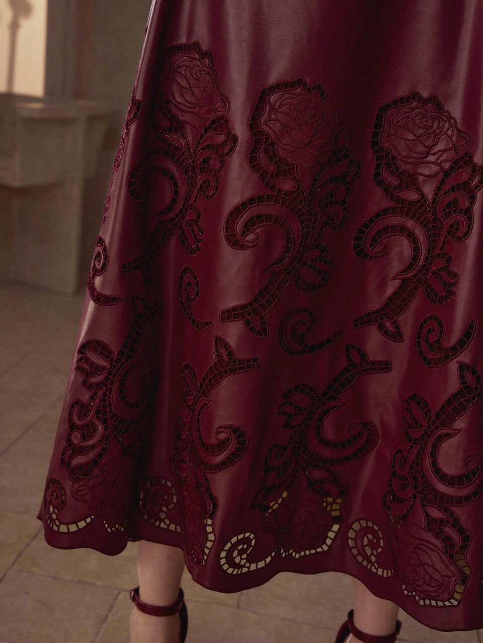 EMBROIDERY PU LEATHER A-LINE SKIRT
