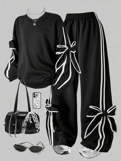 Sparklyn 2 件青少年女孩宽松休闲可爱设计撞色蝴蝶结袖上衣搭配宽松阔腿撞色条纹裤，适合日常、通勤、休闲、街头风格、姐妹聚会、秋冬