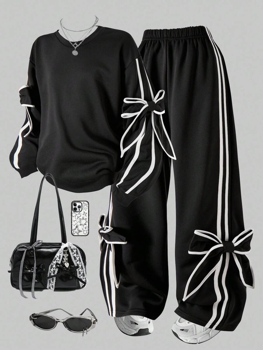 Sparklyn 2 件青少年女孩宽松休闲可爱设计撞色蝴蝶结袖上衣搭配宽松阔腿撞色条纹裤,适合日常、通勤、休闲、街头风格、姐妹聚会、秋冬 - 黑色 - 查看 1