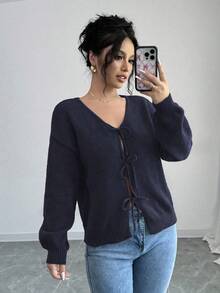 Selianne Áo cánh dài tay buộc dây phía trước màu trơn dành cho nữ, thiết kế đơn giản để mặc hàng ngày, áo khoác cardigan dáng ngắn màu đen, áo khoác cardigan nơ cho bé gái, áo khoác cardigan dáng ngắn màu đen - Màu xanh hải quân - Xem 5