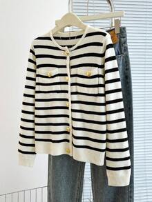 SHEIN Franclia 秋季新款休闲宽松黑白条纹开衫时尚减龄短款针织衫女