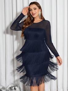 SHEIN Clasi 秋冬大码飘逸层叠流苏网眼拼布连衣裙 - 藏蓝色 - 查看 1