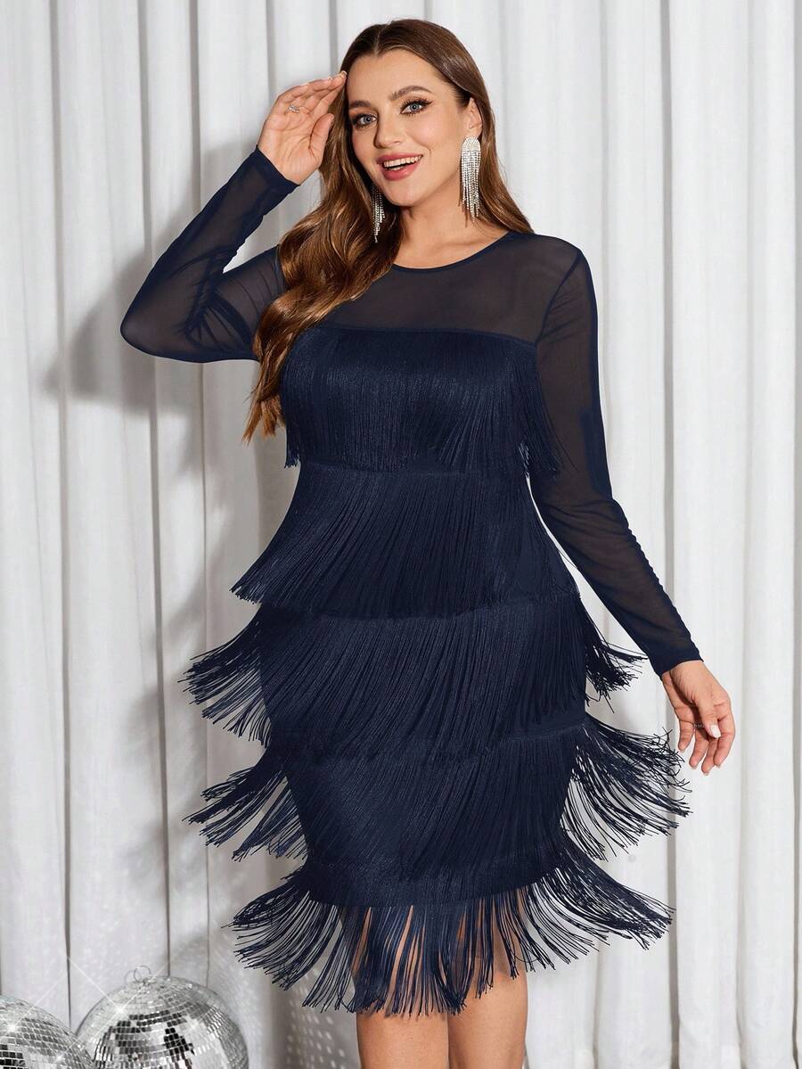 SHEIN Clasi 秋冬大码飘逸层叠流苏网眼拼布连衣裙 - 藏蓝色 - 查看 1