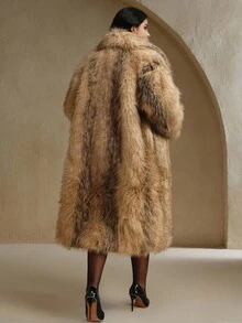 Anewsta Plus Size Contrast Color Pocket Long Sleeve Faux Fur Jacket, New Autumn/Winter Design