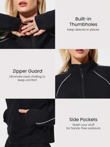 GLOWMODE SoftSerene 莫代尔对比滚边齐腰拇指孔合身拉链运动衫日常休闲装