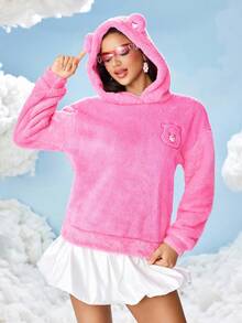 SHEIN X Care Bears 女士卡通刺绣粉色蓬松连帽运动衫