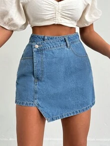 SHEIN PETITE Rigid, Back Label Detailed Skort - Medium Wash - View 5