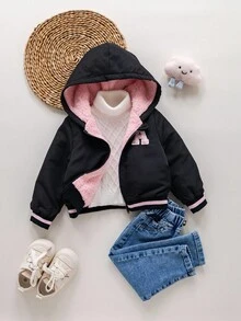 SHEIN Baby Girls Cute Versatile Black Thermal Lined Hoodie Jacket, Autumn/Winter Fall - Black - View 6