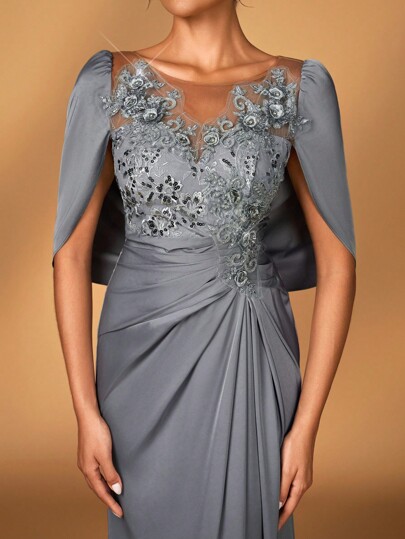 Serin Grey Autumn Elegant Formal Dinner Party Evening Semi Luxurious Embroidered Lace Sequin Satin Ruffle Sleeve Mermaid Hem Dress Wedding
