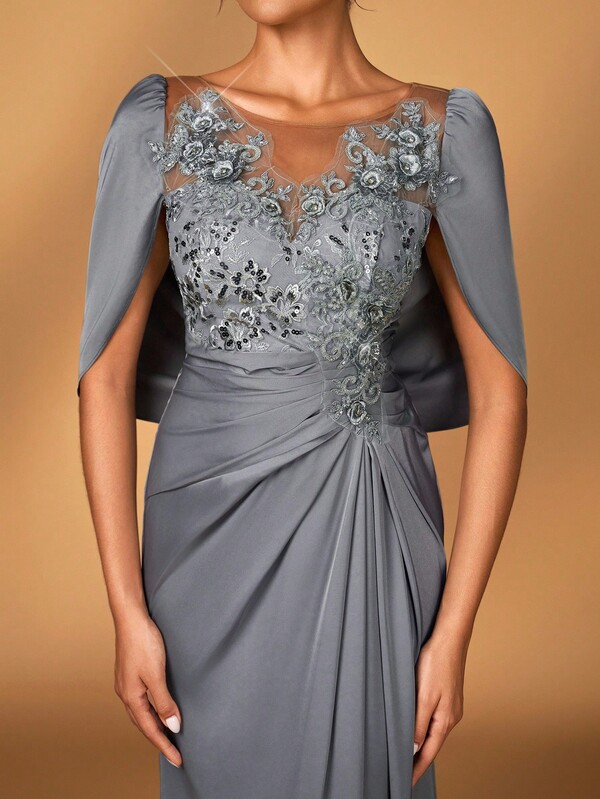 Serin Elegant Luxurious Embroidered Lace Sequin Patchwork Elastic Satin Ruffle Sleeve Mermaid Hem Dress, Suitable For Wedding, Party, Bachelorette Party, Vacation, Gala, Evening, Mother Of The Bride Dress