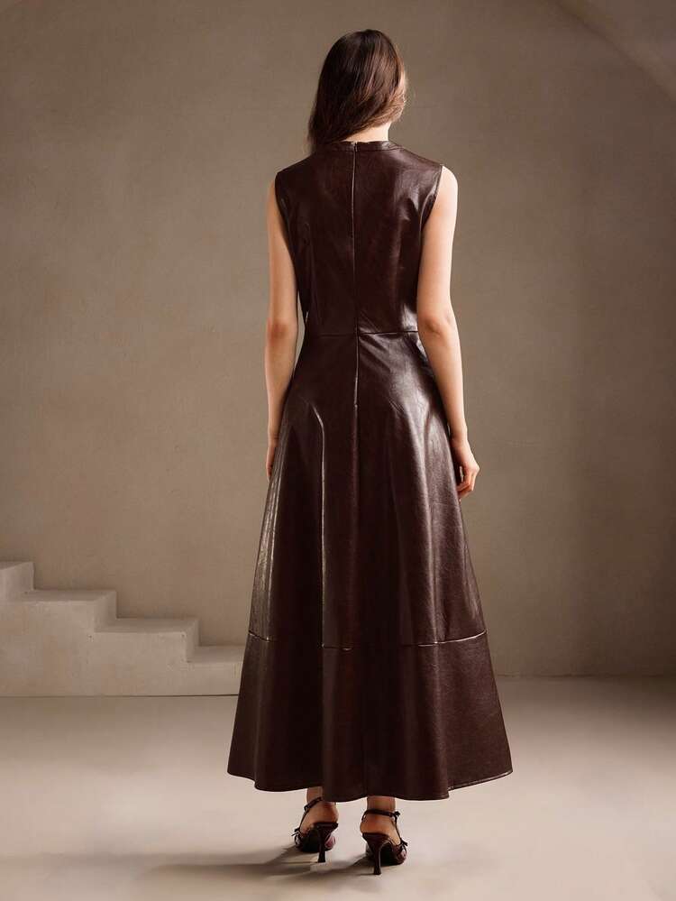 Women's Elegant Round Neck Twist Waist Sleeveless Dress, Wedding Guest Dress