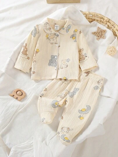 Bộ 2 quần dài tay cho trẻ sơ sinh, họa tiết hoạt hình dễ thương, bộ đồ mặc nhà thoải mái, màu mơ